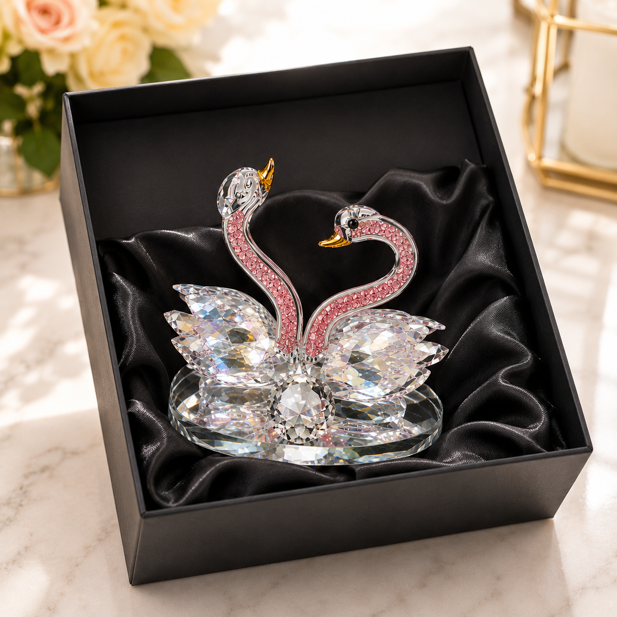 Crystal Swan Couple Figurine Set – Elegant Home Decor & Romantic Gift