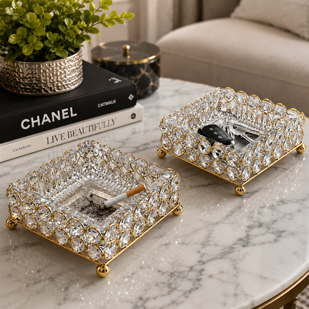 Modern Square Glass Ashtray with Gold Metal Frame – Creative Desktop Decor