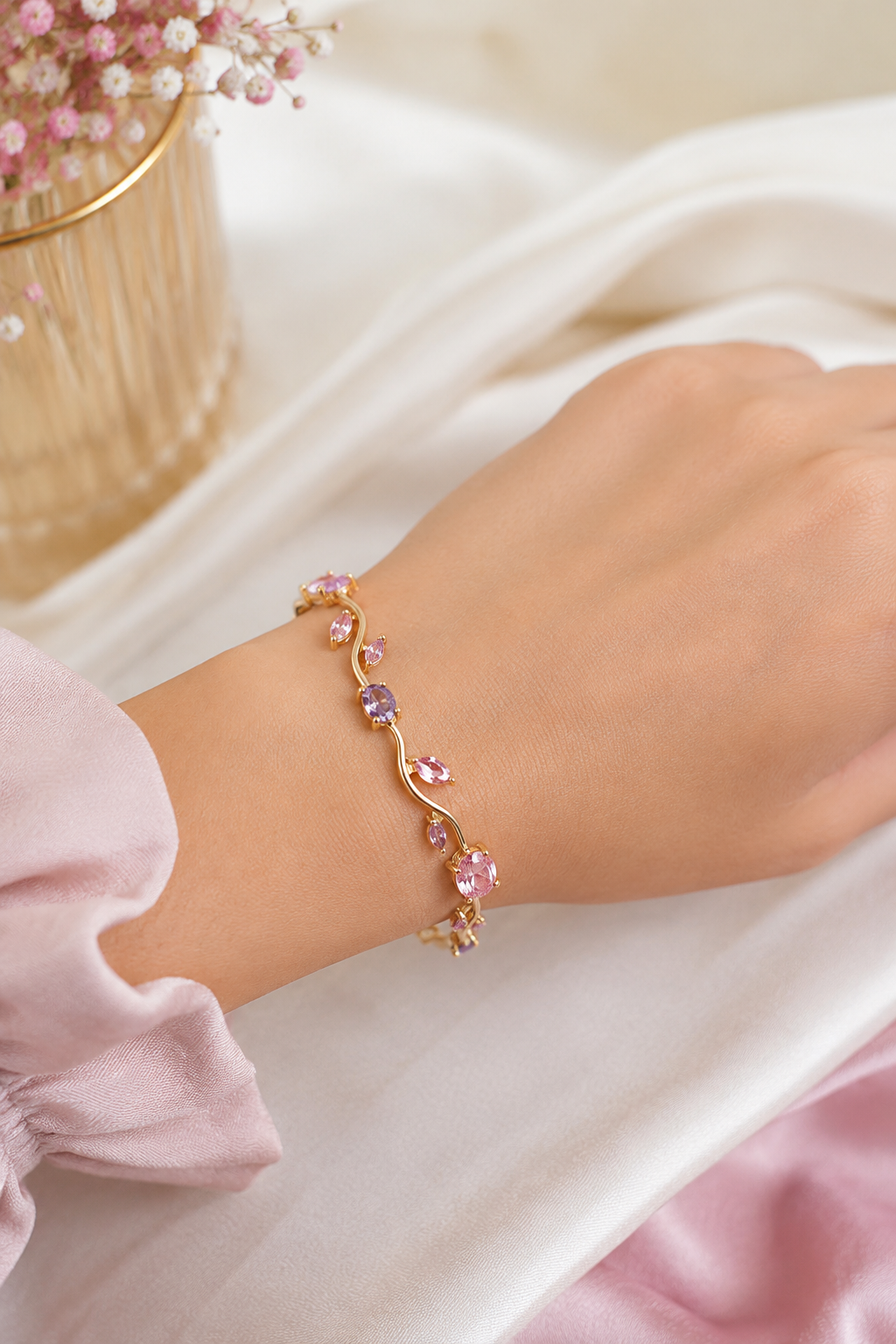 Elegant Pink Crystal Vine Bracelet – Gold-Plated Adjustable Bracelet for Women