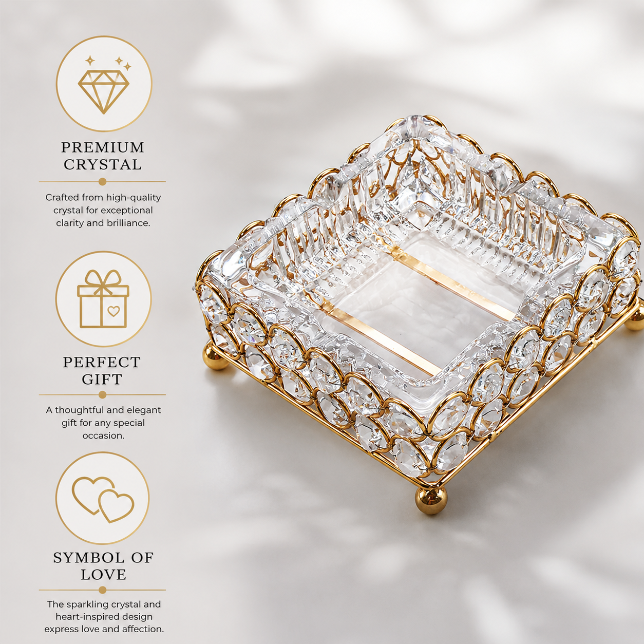 Modern Square Glass Ashtray with Gold Metal Frame – Creative Desktop Decor