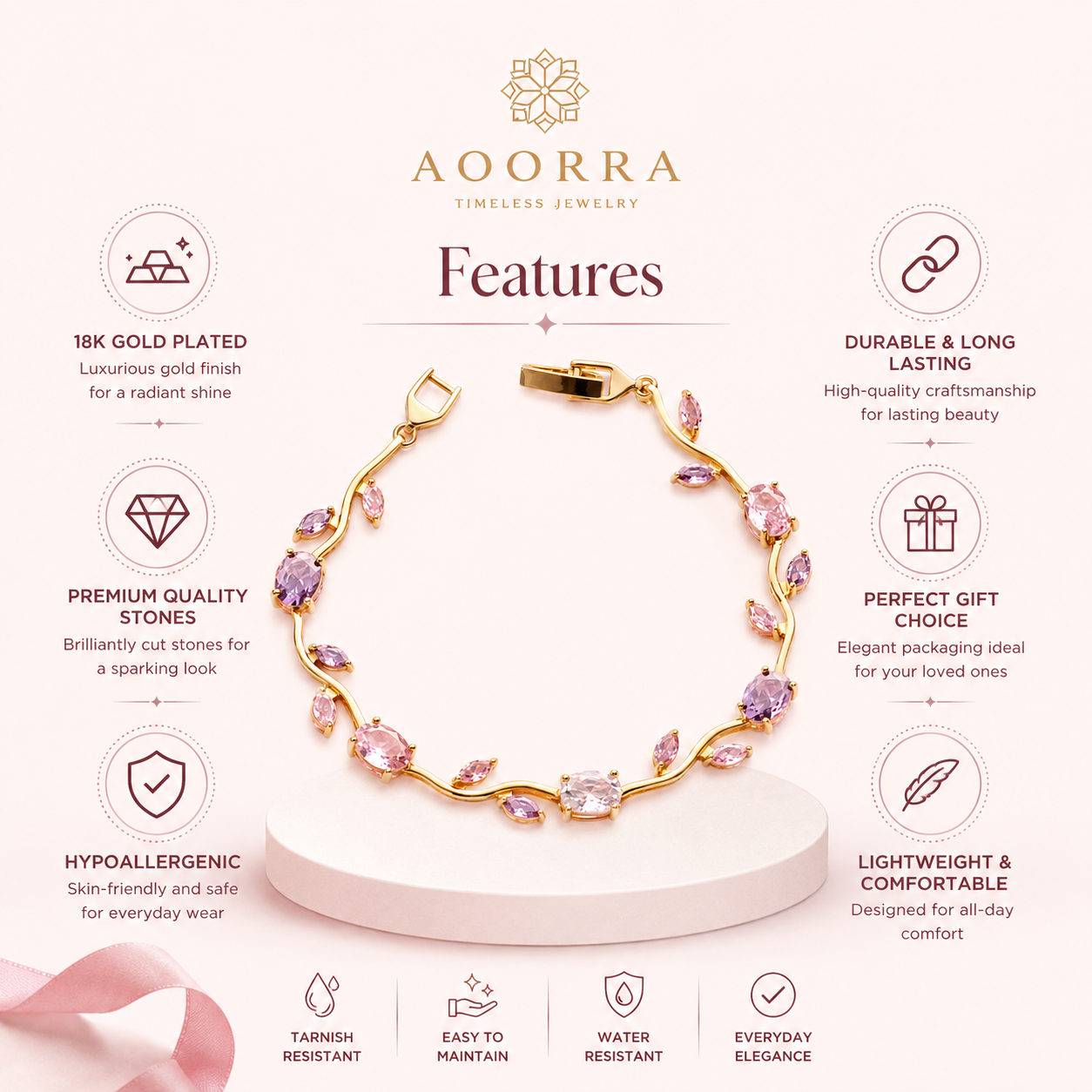 Elegant Pink Crystal Vine Bracelet – Gold-Plated Adjustable Bracelet for Women