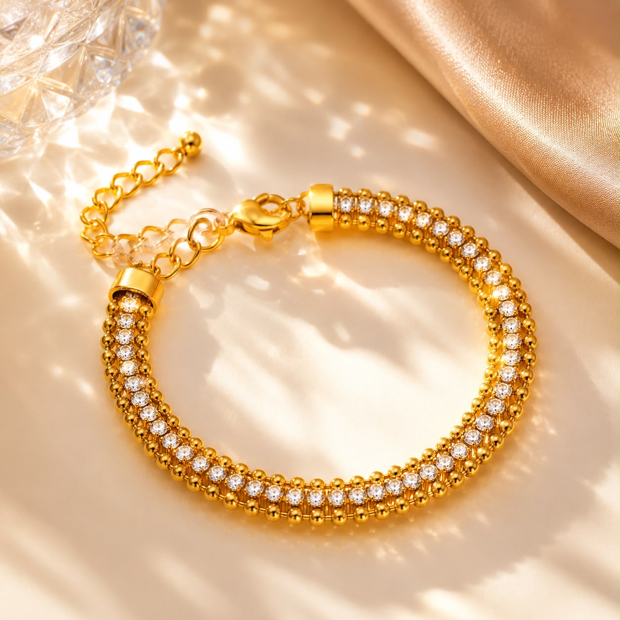 14K Gold Plated Double Row Crystal Bracelet for Women