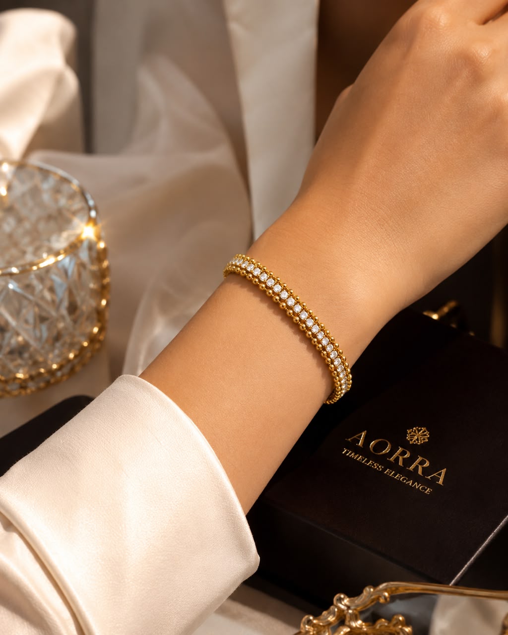 14K Gold Plated Double Row Crystal Bracelet for Women